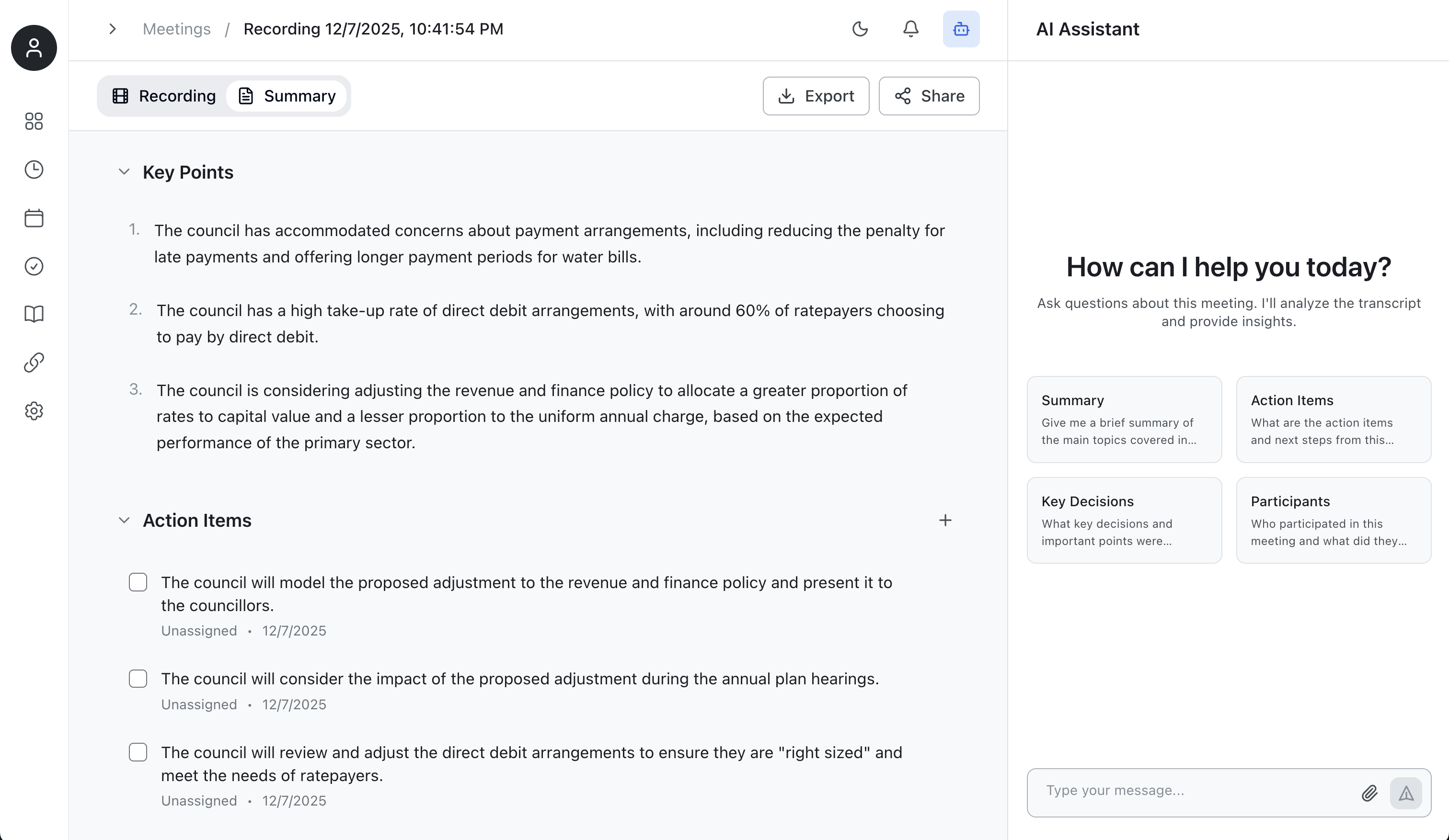 Meeting summary with key points and action items