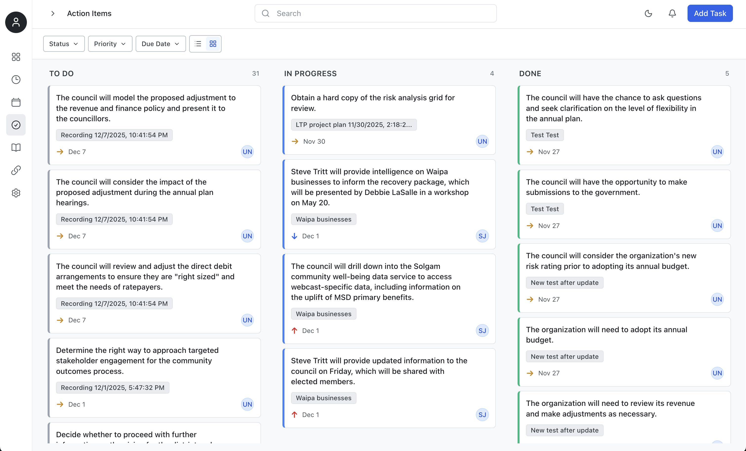 Action items board with Kanban view